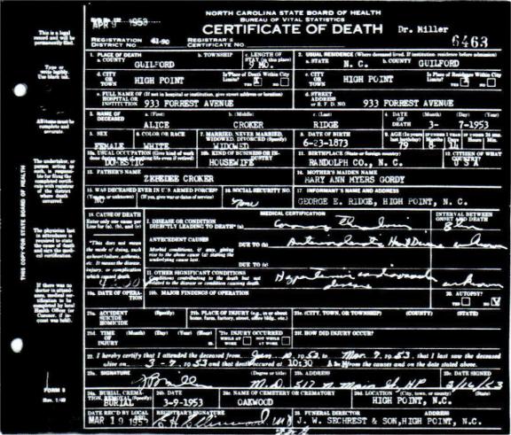 Alice V Croker Ridge Death Certificate