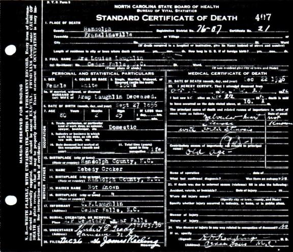 Louise Croker Laughlin Death Certificate