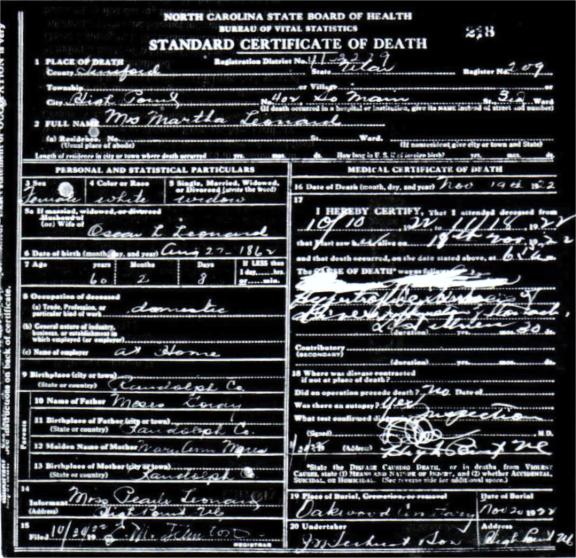 Martha Gordy Leonard Death Certificate