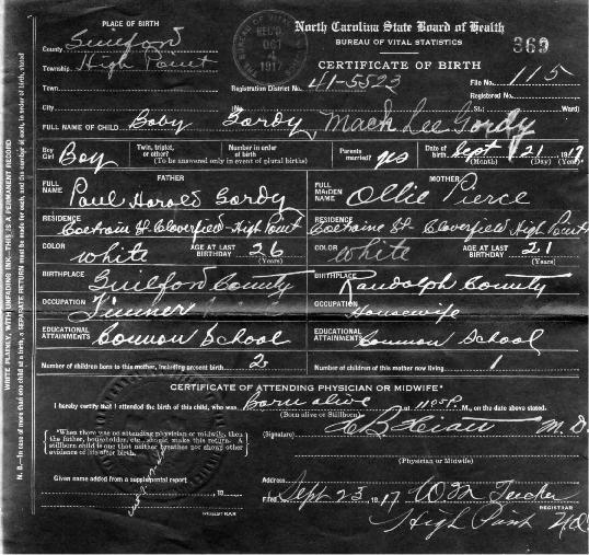 Mack Lee Gordy Sr Birth Certificate