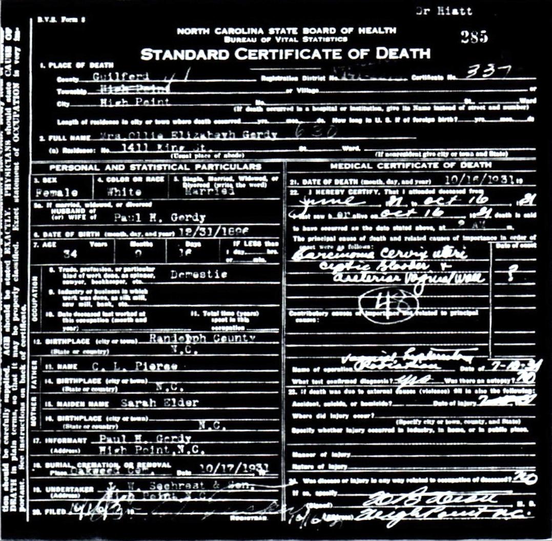 Ollie Elizabeth Pierce Gordy Death Certificte