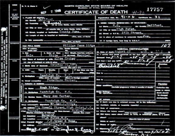 William Penn Ridge Death Certificate